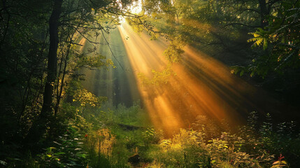Obraz premium Vivid rays of sunlight filter through the trees, illuminating a lush green forest path.