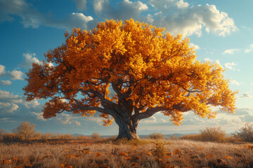 A majestic oak tree standing tall against a backdrop of golden autumn foliage, symbolizing strength and resilience. Concept of seasonal beauty. Generative Ai. - Powered by Adobe