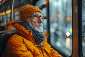 Fototapeta premium Giving up one's seat to someone in need on public transportation, displaying chivalry and thoughtfulness. Concept of considerate actions. Generative Ai.