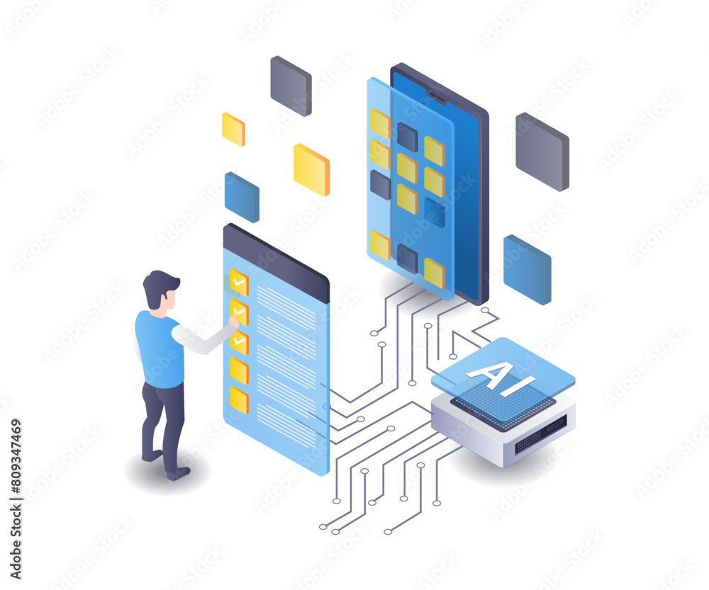 Aufkleber checklist smartphone application tester flat isometric illustration