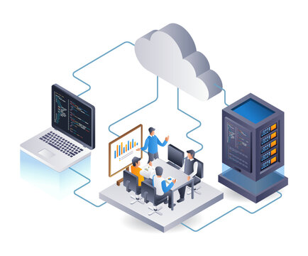Cloud data server security center team, infographic 3d illustration flat isometric