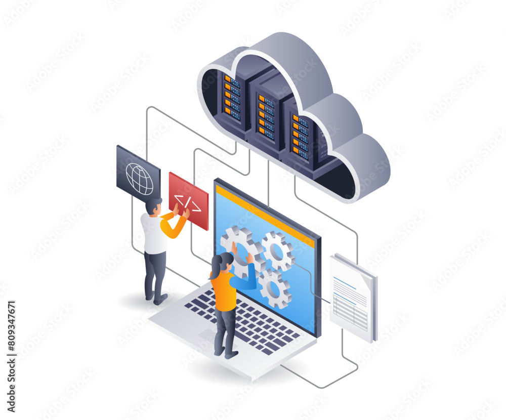Sticker cloud server hosting technology developer team, flat isometric 3d illustration infographic