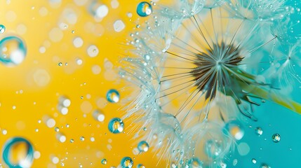 Water droplets and parachute dandelion flower on yellow blue background