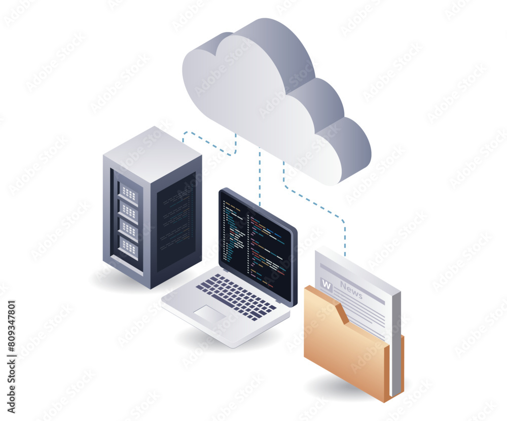 Poster Cloud server computer programming language, isometric flat 3d illustration infographic
