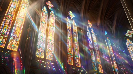 Vibrant colors dance as sunlight shines through intricate stained glass windows in a majestic cathedral