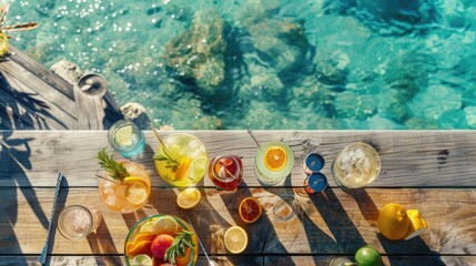 A line of beverages placed on a wooden pier by the ocean, surrounded by a natural environment with lush plants, trees, and underwater organisms. A tranquil scene for leisure AIG50