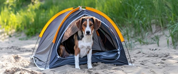 Bringing Along A Beach Tent Or Shelter To Provide Shade And Shelter For Your Dog During Breaks From The Sun With Copy Space, Summer Background