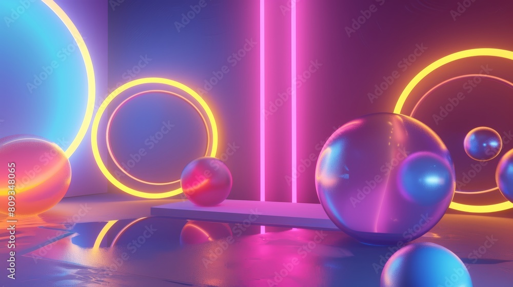 Poster abstract 3d render featuring luminous neon rings and reflective spheres in a vibrant color scheme