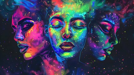 Obraz premium Three colorful faces with painted features and neon hair vividly stand out against the cosmic-like dark background 