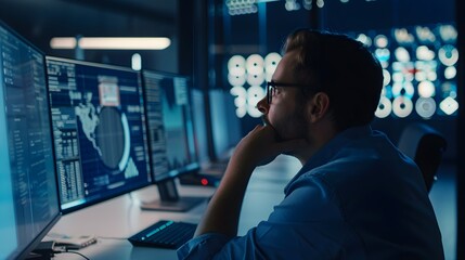 Thinking, developer and man on computer for software, news research and web design programming. Startup, designer and programmer coding in office for cybersecurity digital network and problem solving