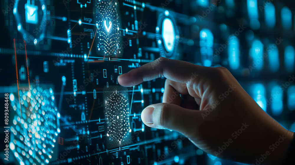 Poster close-up of a human hand touching glowing digital data nodes on a virtual screen, symbolizing techno