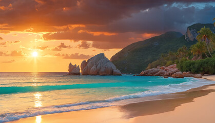 Fototapeta premium A beautiful beach scene with a sunset over the ocean. The sun is setting, casting a warm glow on the beach and the ocean, creating a picturesque and serene atmosphere.