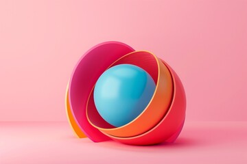 Obraz premium 3d minimal motion design, ball hidden inside colorful hemispheres, layers opening. Simple geometric objects, primitive shapes isolated on pink background. Live image, modern animated poster.