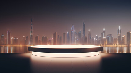 Fototapeta premium Minimalist circular podium with city night skyline as background