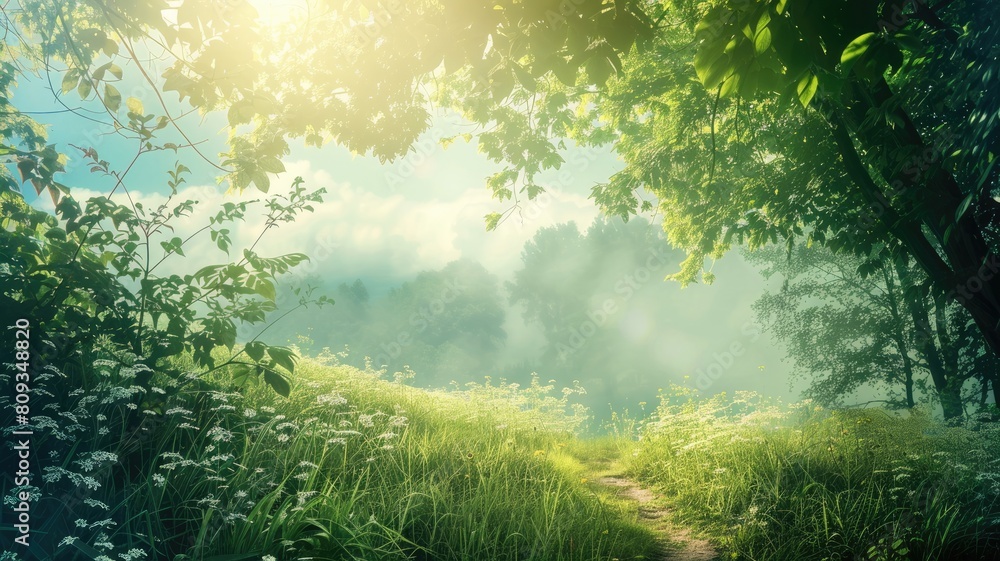Poster sunlight filters through trees onto serene forest path