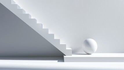 Minimalist scene with sphere at base of white staircase against plain background
