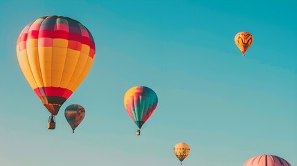 Obraz premium Several colorful hot air balloons drift through the sky, creating a vibrant scene against the blue backdrop