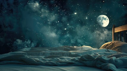 Unmade bed under starry night sky with full moon