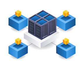 Blockchain network Cloud server technology isometric flat illustration