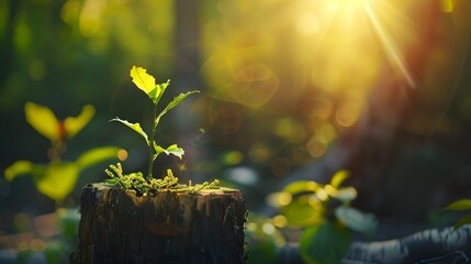 Realistic Young tree emerging from old tree stump with sun light. Reborn of old tree. New Life concept or New growth, new beginning concept. Symbolic business development