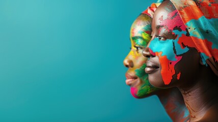 Woman with colorful world map body paint against blue background