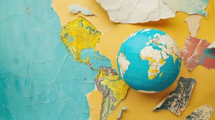 Globe on cracked, peeling map surface with vibrant colors