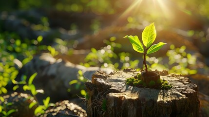 Realistic Young tree emerging from old tree stump with sun light. Reborn of old tree. New Life concept or New growth, new beginning concept. Symbolic business development