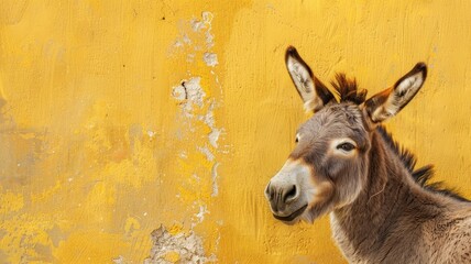 Donkey against textured yellow wall