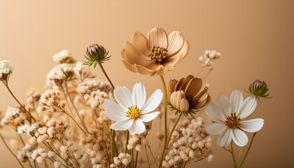 flowers in muted earthy tones creating a feeling of calm and elegance and minimalism beige background