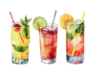 Set oil painting watercolor fresh natural cocktails for summer season vector illustration on isolated white background