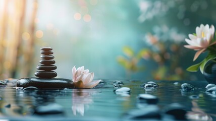 Zen-like setting with stacked stones and water lilies on against blurred nature backdrop