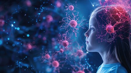 Child observing virtual neurons and viruses in blue-toned digital environment