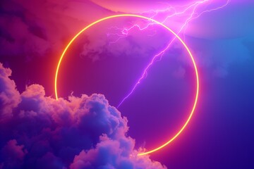 cycled 3d animation. Glowing neon ring and illuminated thunder cloud spins and rotates endlessly. Abstract round frame, laser line in the sky