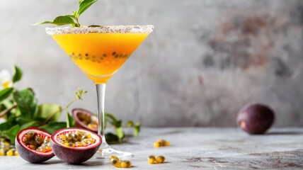 Tropical passion fruit cocktail garnished with mint leaf in martini glass, halved fruits and seeds nearby