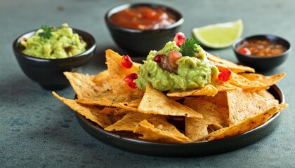 close up of nachos with guacamole and salsa - Powered by Adobe