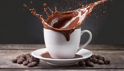 splash of hot chocolate in a white mug isolated on transparent background
