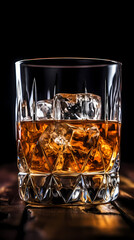 Whiskey glass with ice cubes on black background