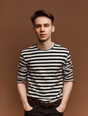 Obraz premium Photo of nice young man look empty space wear striped shirt isolated on brown color background