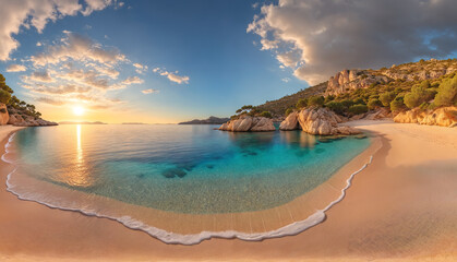 Obraz premium A beautiful beach scene with a large body of water, a sandy shore, and a stunning sunset in the background.