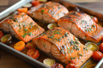 Pan of roasted salmon and vegetables, including tomatoes and carrots, on wooden table.