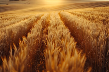 Rows of golden ripe wheat on field.