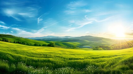 Panoramic view of beautiful endless green fields in bright sunlight, Italy 