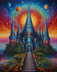 Trippy Thailand style blue temple building with tall spires sitting on an island with stairs leading to temple door vibrant sunset in background