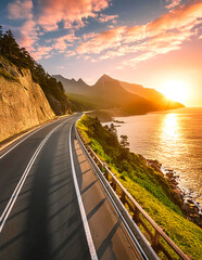 Coastal road along a steep cliff that curves around the mountain, with views out to sea.