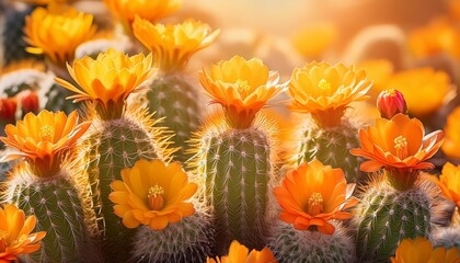 array of cactus plants with bright orange and yellow flowers on a vivid orange background