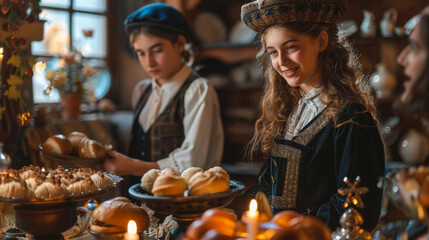 Obraz premium Smiling children in traditional costumes enjoy pastries at a harvest festival, surrounded by candles and autumn decorations.