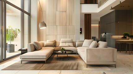 Modern House living room interior in warm beige color with furniture.