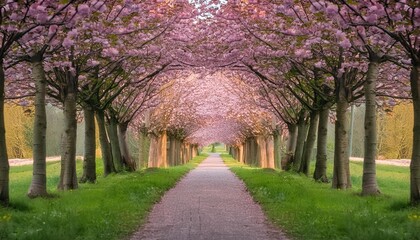 pink blossoms lining a tranquil green path