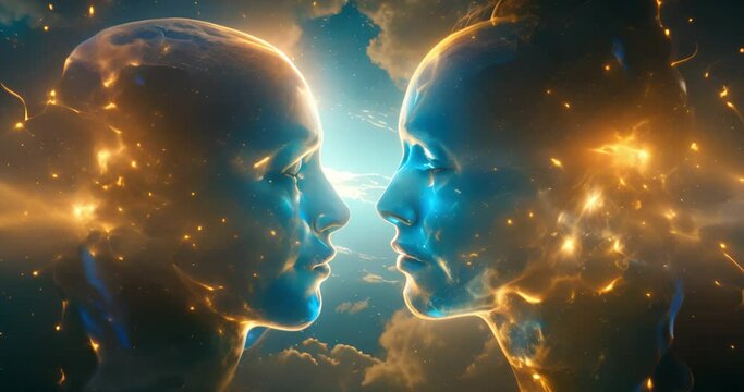Gods, enlightenment and sky with faces, abstract art and galaxy with lights, clouds and peaceful. Universe, people and meditation for zen, chakra and stars with wellness, spiritual and meditation
