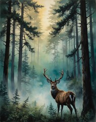 A majestic deer standing amidst a misty forest landscape surrounded by tall trees and an eerie fog